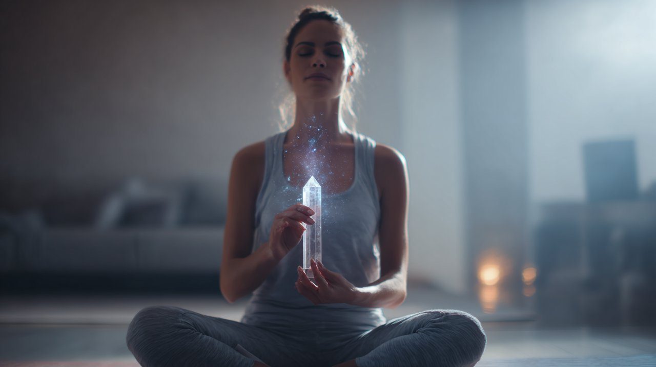 Uma pessoa meditando com uma varinha de chakra de cristal brilhante, cercada por uma luz suave e etérea representando o fluxo de energia.