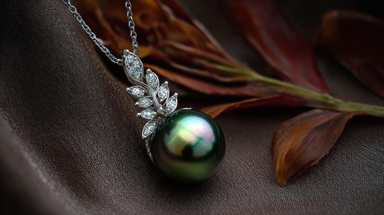 A magnificent Tahitian pearl pendant with peacock green overtone.