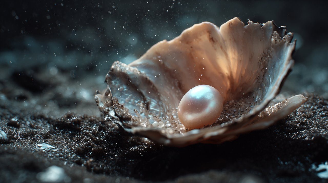 A rare natural pearl gleaming within an oyster shell.