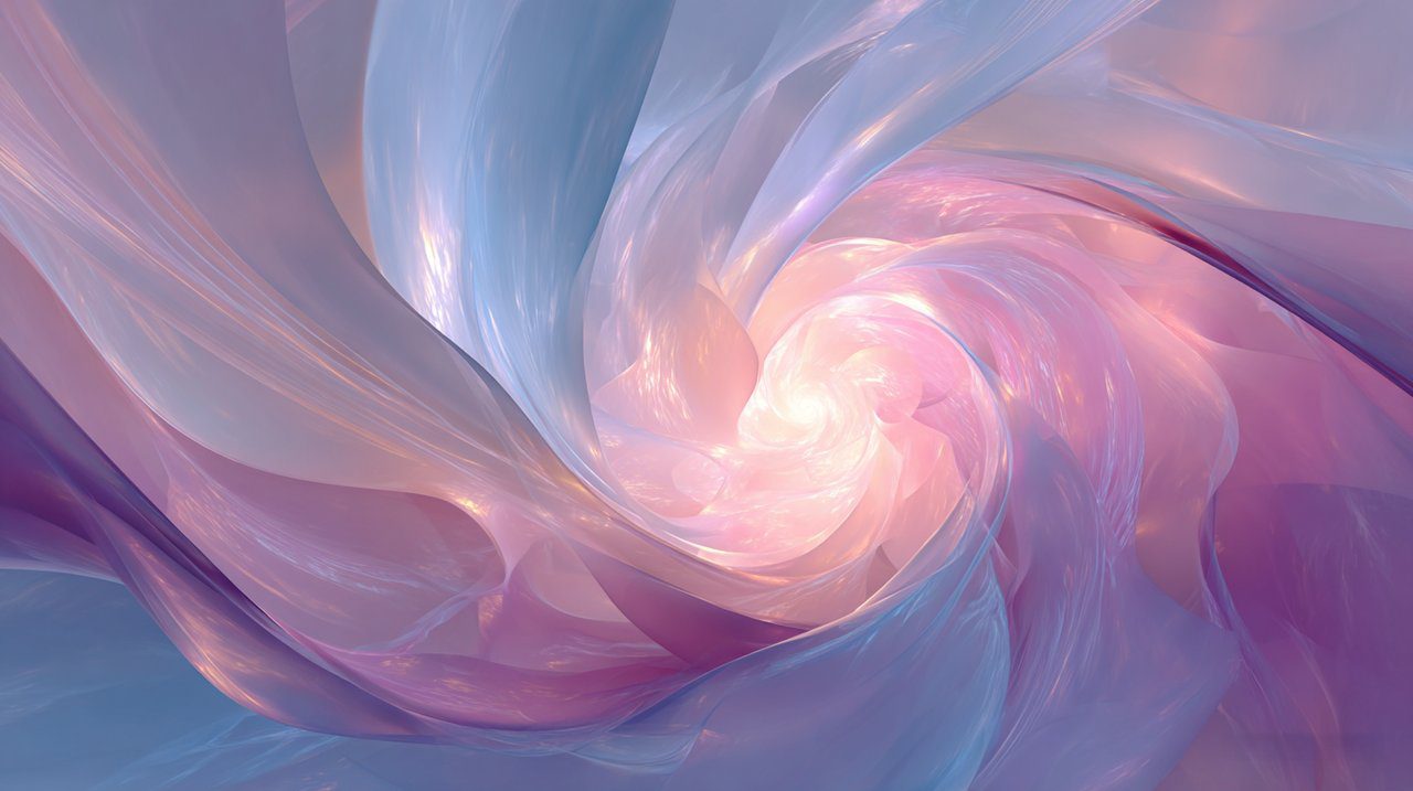 Uma representação abstrata, porém harmoniosa, da energia "Yin Yang" fluindo através de um interior de casa estilizado, retratado com linhas suaves e brilhantes e cores suaves (rosas, cremes, azuis claros). A energia emana do centro, simbolizando equilíbrio, amor próprio e a atração do "amor" verdadeiro para a vida de alguém. Arte digital, etérea, vibrante,