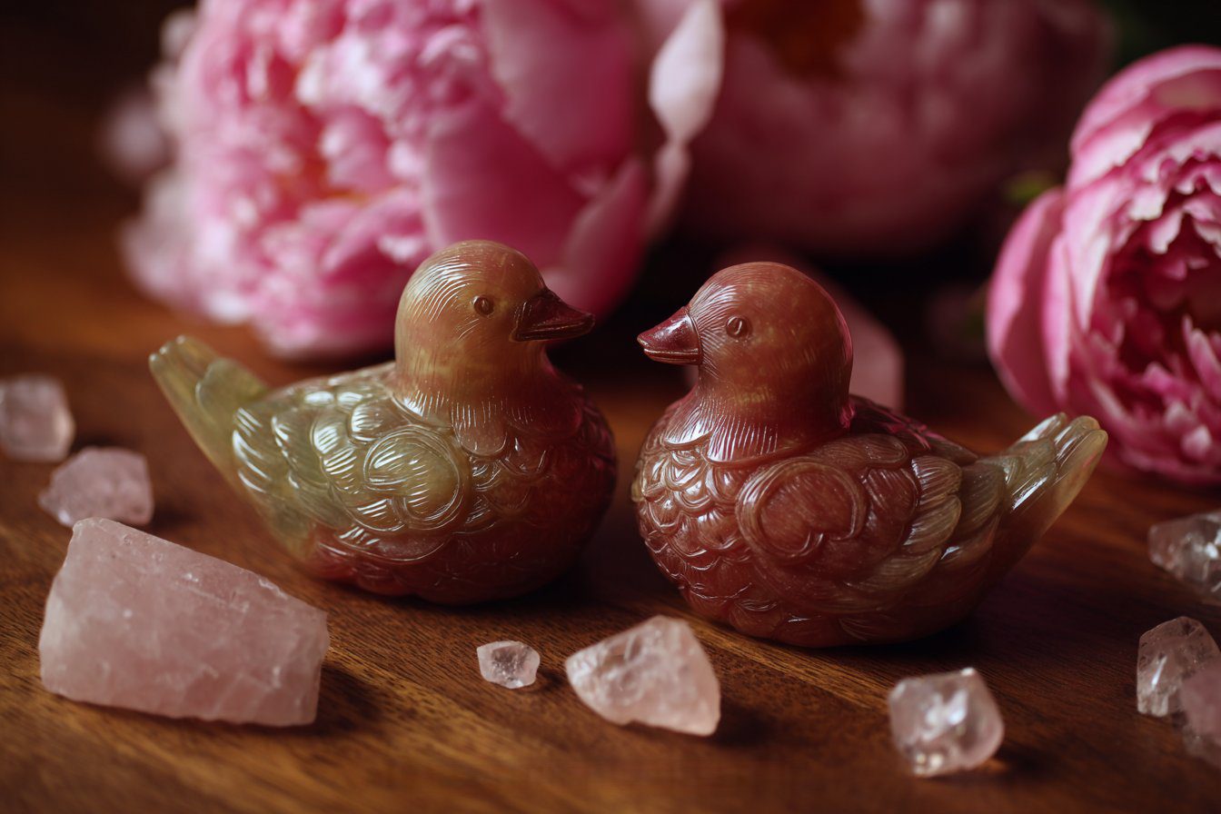 Uma foto de close-up de um par de estátuas de "patos mandarins" intrincadamente esculpidas, colocadas sobre uma superfície de madeira polida, cercadas por cristais de "quartzo rosa" rosa suave e uma única flor de peônia fresca e vibrante. A iluminação é suave e romântica, criando um brilho suave, simbolizando o "amor" eterno e a parceria. Fotografia de natureza morta, profundidade de campo rasa,
