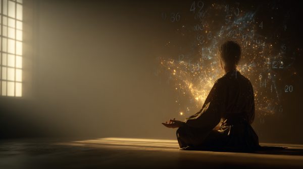 瞑想する人の周りに、エネルギーの流れと顕現を表す微かな光を放つ数字のパターンが描かれている。穏やかで柔らかな黄金色の光に照らされた情景。フォトリアル、高精細、シネマティック、静謐な雰囲気。