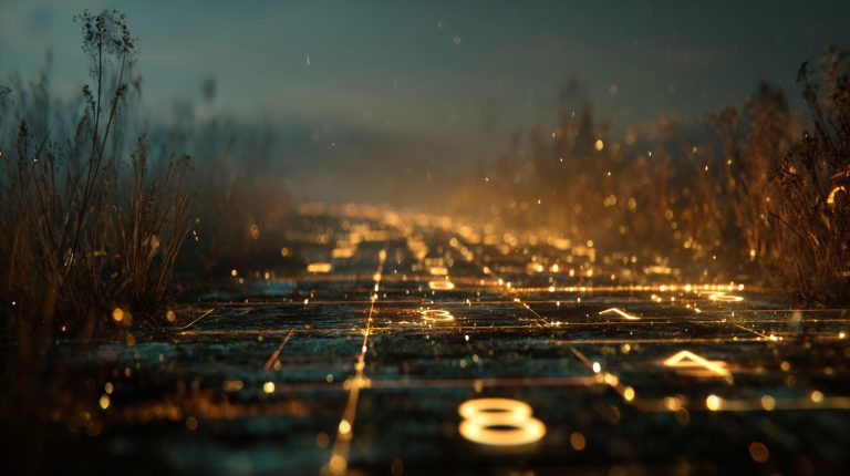 A glowing intricate numerical grid forming a golden pathway towards a distant, shimmering light, symbolizing wealth and abundance. The numbers 8, 3, 6, 9 are subtly integrated into the grid. Photorealistic, cinematic lighting, shallow depth of field, 8K, detailed textures, shot on a high-end prime lens.