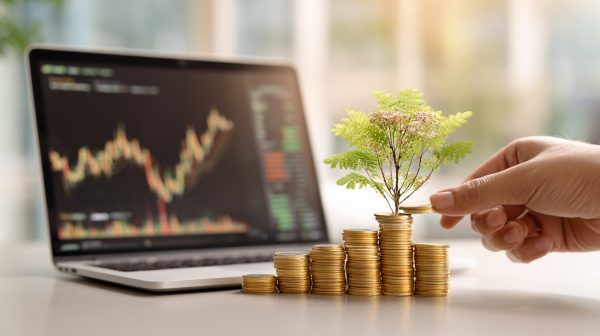 コインの山とノートパソコン、そして咲き誇る植物をバランスよく配置した人物。これは経済的な成長、デジタルリテラシー、そして個人の幸福を象徴している。明るく楽観的な情景で、柔らかい自然光が差し込んでいる。フォトリアル、詳細、バランスの取れた構図。