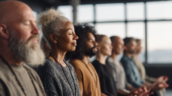 Sekelompok orang dari berbagai latar belakang, mengenakan pakaian sederhana dan nyaman, duduk bersama di aula yang terang dan luas, melafalkan mantra dengan lembut secara serentak. Ekspresi mereka damai dan fokus, dengan rasa tujuan bersama dan ketenangan. Cahaya alami yang lembut dan menyebar memenuhi ruangan, menciptakan suasana yang harmonis dan ramah. Fotorealistik, gaya candid, diambil dengan Sony A7III, 4K, kedalaman bidang sedikit dangkal, nada hangat dan mengundang.