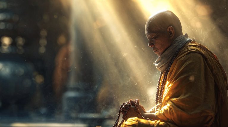 A serene Buddhist monk in saffron robes, seated in meditation posture, gently chanting with a string of mala beads in his hands. Soft, warm sunlight streams through a temple window, illuminating dust motes in the air. The atmosphere is peaceful and deeply spiritual, with a subtle glow around the monk. Photorealistic, hyperrealistic, cinematic lighting, shot on a Canon EOS R5, 8K, shallow depth of field.