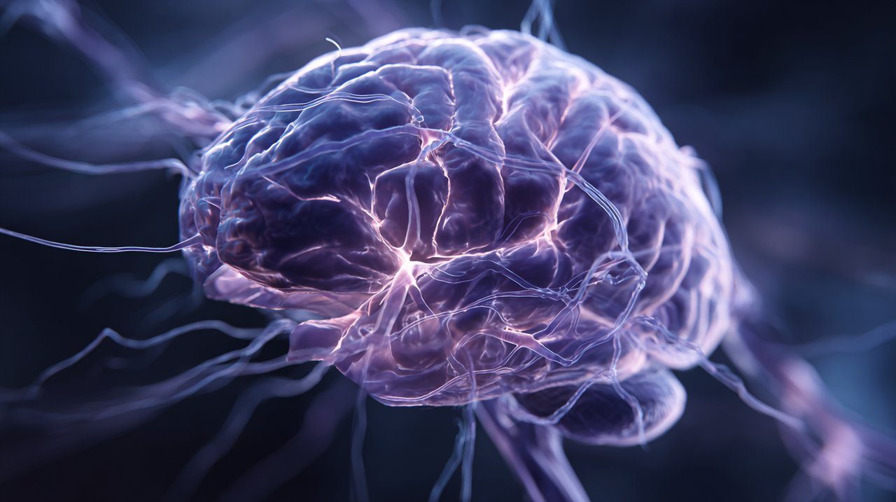 Uma representação abstrata e fotorrealista da atividade cerebral durante a meditação e o canto. Vias neurais brilham com luz suave e pulsante, retratando maior coerência e conectividade. Cores suaves e serenas como azuis e roxos dominam, com uma sensação de energia calma. O fundo está ligeiramente desfocado, sugerindo foco profundo. Fotorrealista, alta tecnologia, cinematográfico, 4K, profundidade de campo rasa, efeitos de luz suave e brilhante, estilo de ilustração científica, mas fotorrealista.