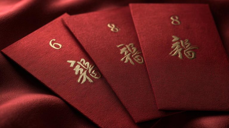 Three red envelopes with lucky Chinese numbers 6, 8, and 9.