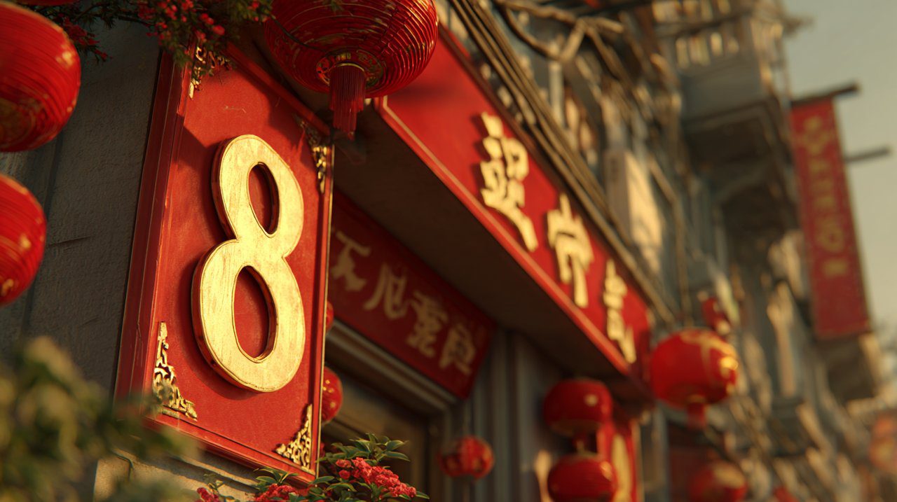 A street scene in China featuring the number eight and prosperity symbols.
