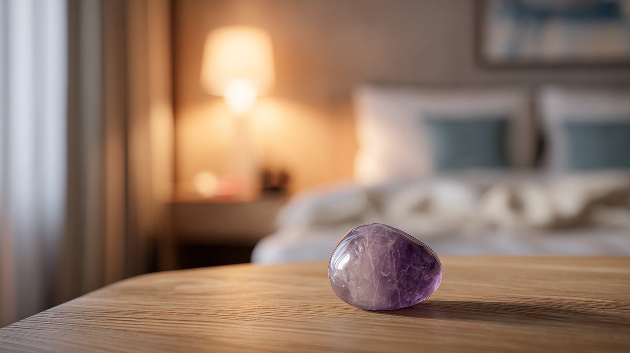 Amethyst tumbled stones on a bedside table in a peaceful bedroom.