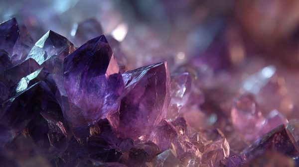 Close-up of a detailed amethyst cluster radiating peaceful energy.