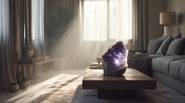 A large, vibrant amethyst geode creating a calming atmosphere in a modern living room.