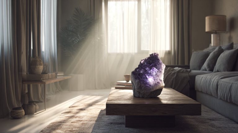 A large, vibrant amethyst geode creating a calming atmosphere in a modern living room.
