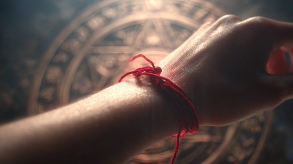 Pulsera de hilo rojo de la Cábala siendo atada en una muñeca, con luz mística.