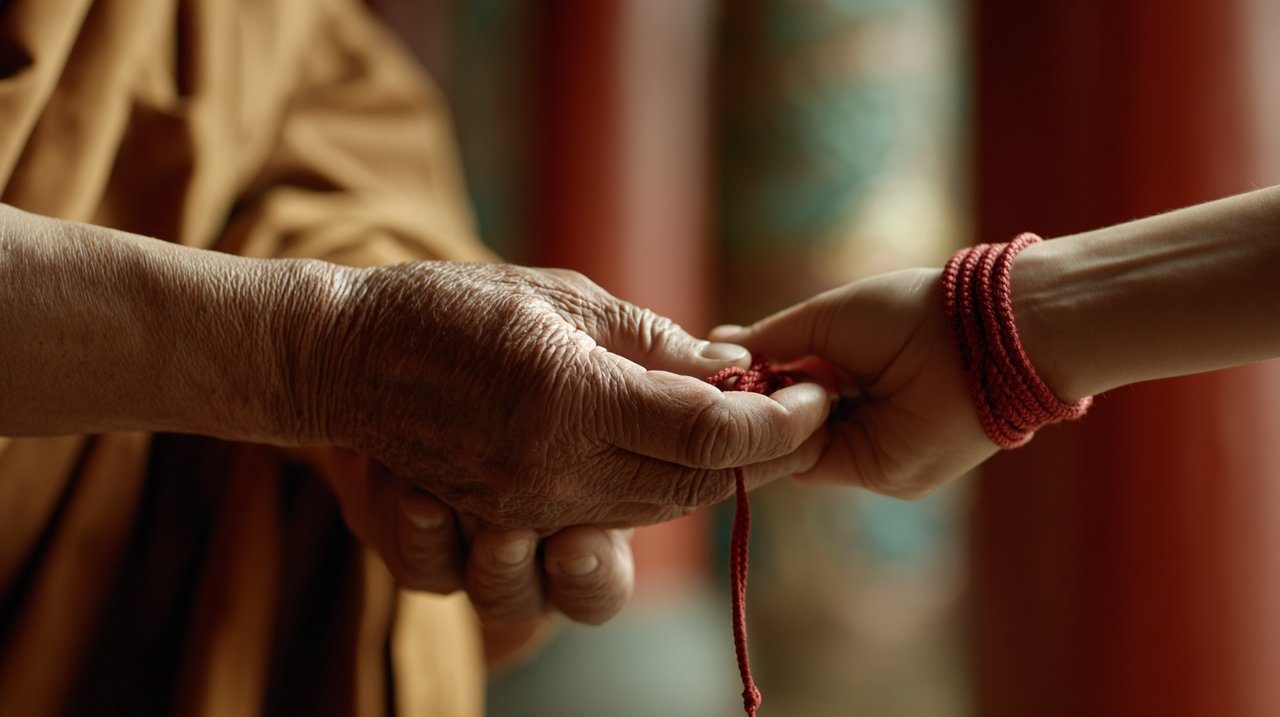 Mano de monje budista atando una pulsera de nudo rojo, simbolizando bendiciones.