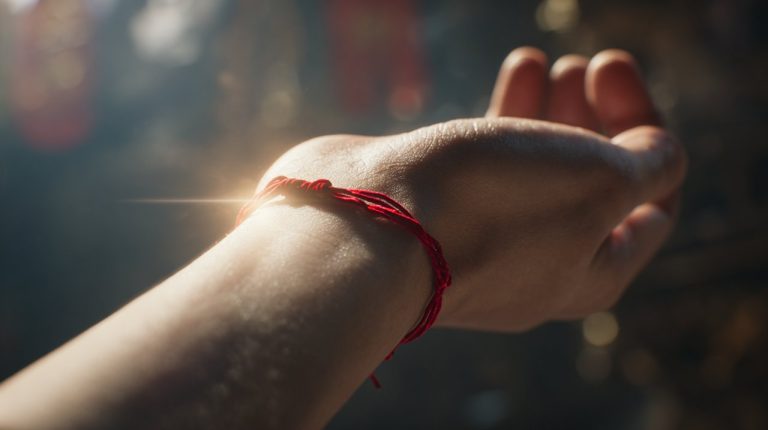 A hand wearing a red string bracelet, symbolizing protection and luck.