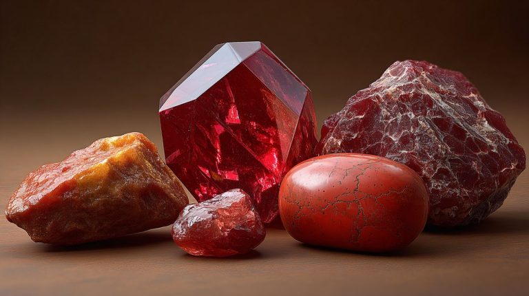 Assortment of red crystals like Garnet, Carnelian, and Red Jasper