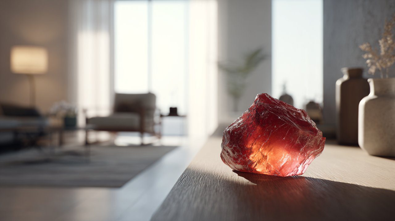 Pedra de cristal vermelho em um espaço de estar harmonizado