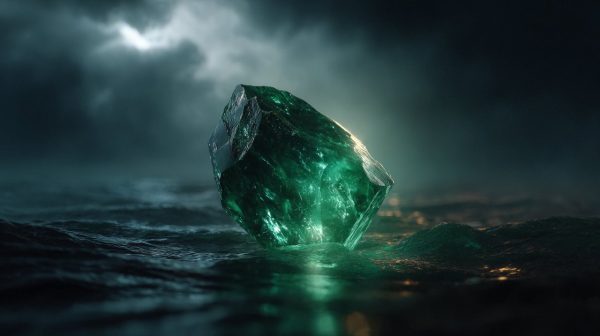 Cristal verde oscuro misterioso con reflejos de agua.