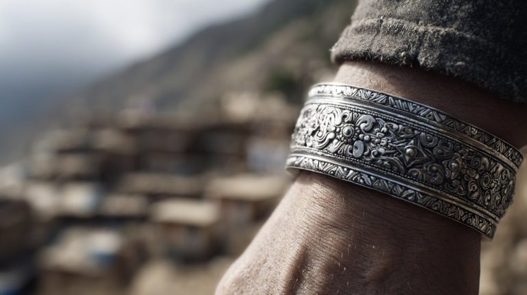 A silver Tibetan bracelet on a hand, with a blurred Himalayan village background.