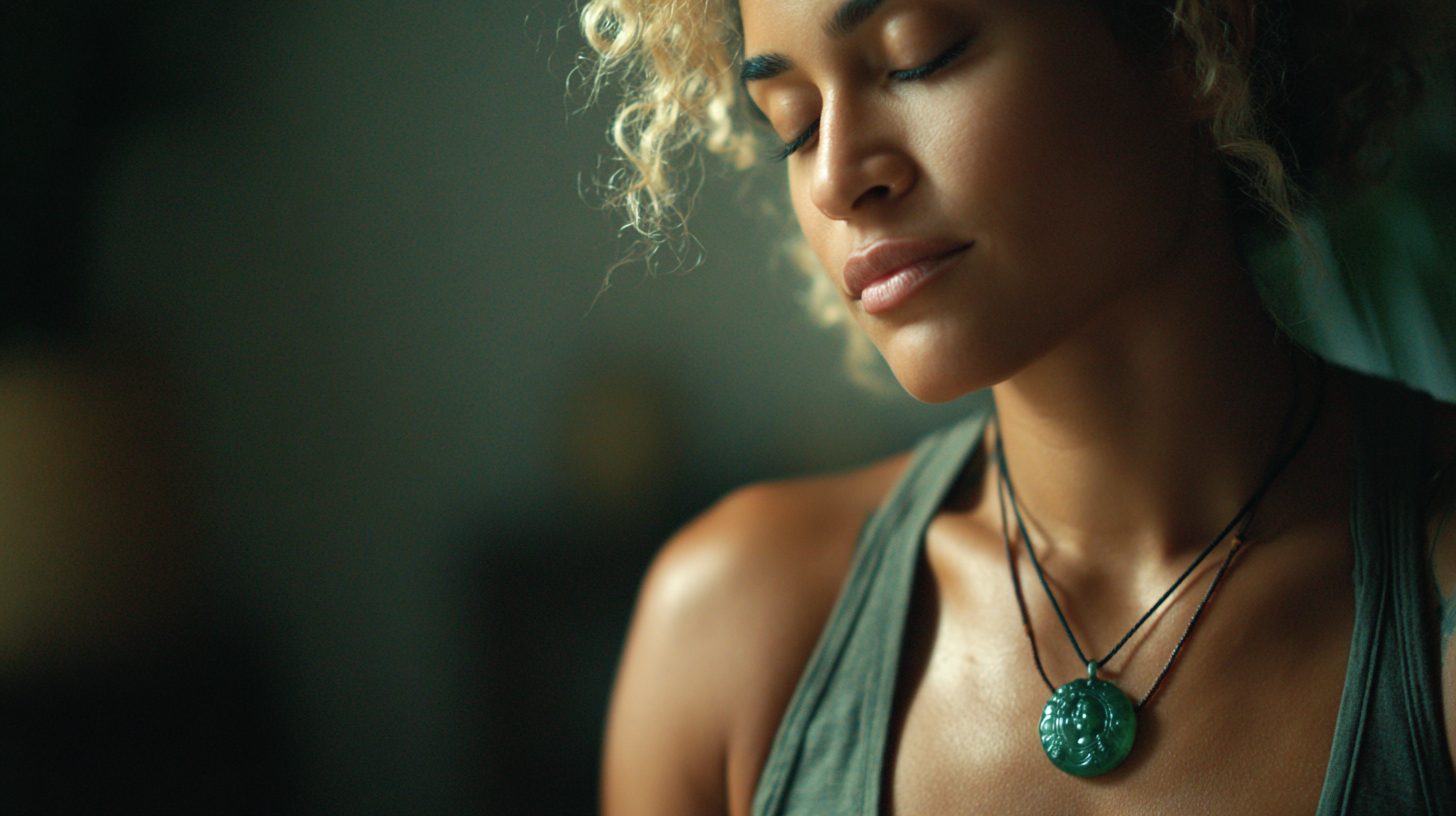 Una persona meditando con un collar de Buda de jade, simbolizando la gestión de energía y la paz interior.