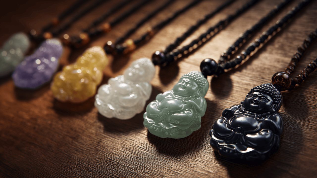 A serene collection of jade Buddha necklaces in various colors.