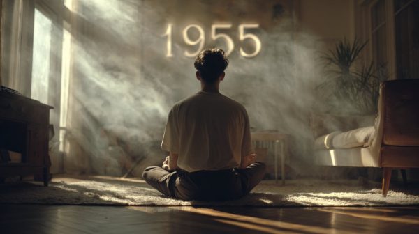 Una imagen serena de una persona reflexionando, simbolizando la guía interior y la intuición con el número 1955.