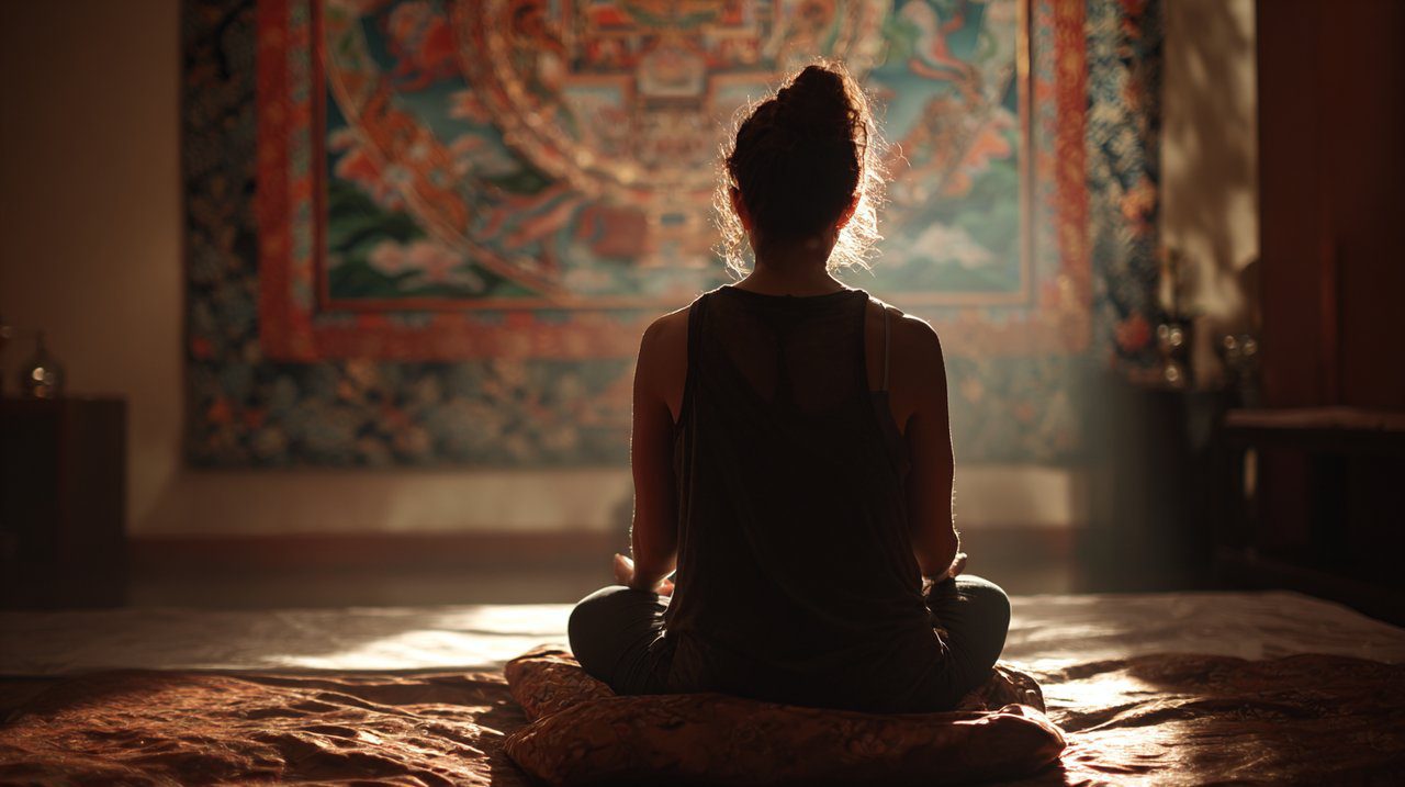 Uma pessoa meditando pacificamente em frente a uma pintura Thangka vibrante.