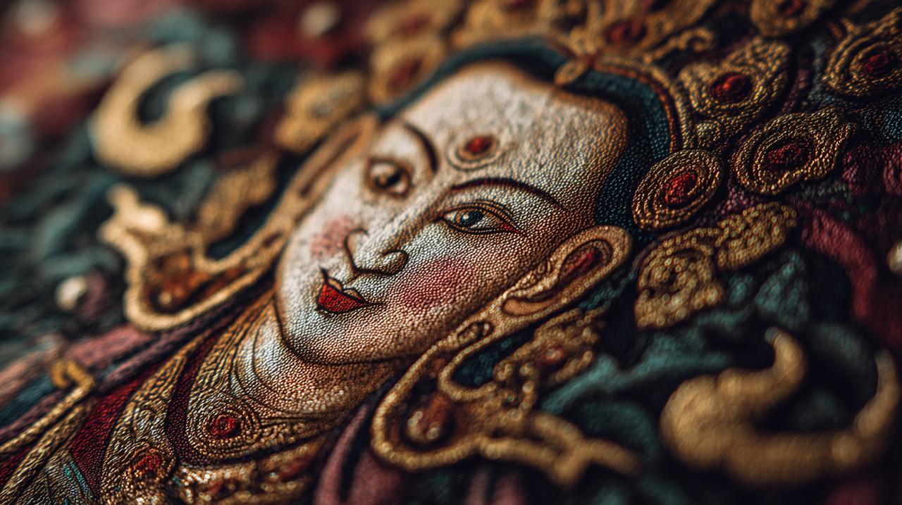 Close-up detalhado de uma pintura Thangka tradicional mostrando iconografia budista intrincada.