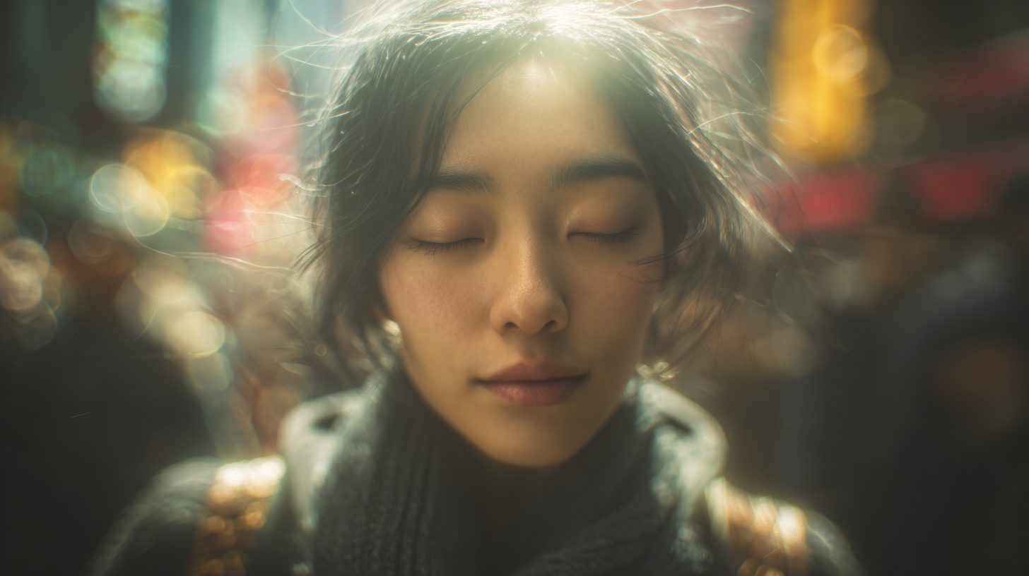 A person finding inner peace through chanting Amituofo amidst urban chaos.
