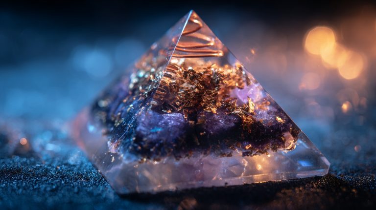 A close-up, photorealistic shot of a clear resin orgonite pyramid, with visible copper coils, amethyst crystals, and metal shavings inside, glowing softly from within against a dark, mystical background. The light should refract beautifully through the resin. Shot on a macro lens, shallow depth of field, detailed texture, cinematic lighting.