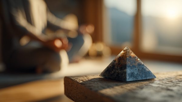 A serene scene of a person meditating calmly, with a beautifully crafted orgonite pyramid placed subtly on a wooden table beside them. The room is filled with soft, warm natural light coming from a window, creating a peaceful and harmonious atmosphere. The focus is on the sense of tranquility and balance. Photorealistic, soft focus, natural light, 4K.