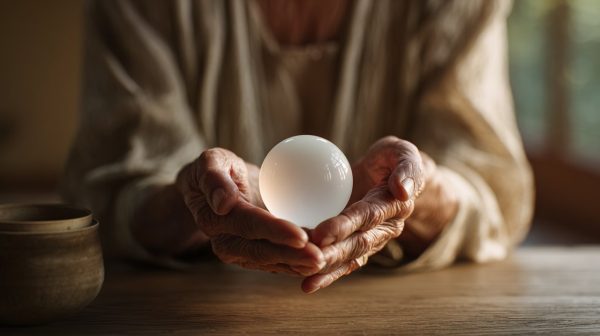 A hyperrealistic close-up of an elderly, serene Asian woman's hands gently holding a smooth, white jade meditation sphere. Her skin shows detailed textures, and the jade glows softly under warm, natural light, symbolizing inner peace and wisdom. The background is a subtly blurred traditional tea ceremony setting. Shot on a DSLR, 4K, shallow depth of field, cinematic quality.