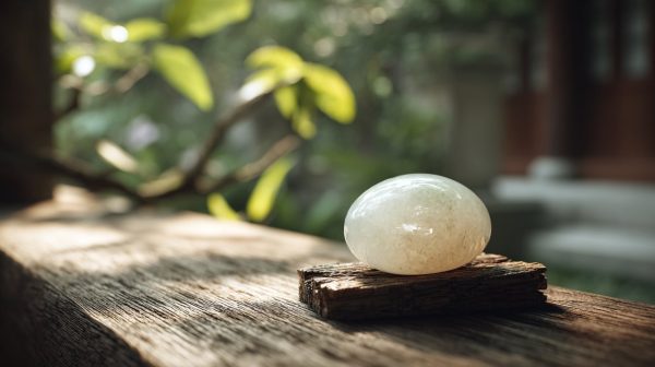 A close-up, photorealistic shot of a smooth, translucent white jade pebble resting on a traditional wooden stand, with soft, diffused natural light highlighting its subtle luster and inner purity. The background is a blurred, serene Asian garden. Shot with a macro lens on a Sony A7III, 8K, cinematic style, detailed texture.