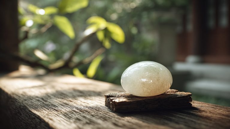 A close-up, photorealistic shot of a smooth, translucent white jade pebble resting on a traditional wooden stand, with soft, diffused natural light highlighting its subtle luster and inner purity. The background is a blurred, serene Asian garden. Shot with a macro lens on a Sony A7III, 8K, cinematic style, detailed texture.