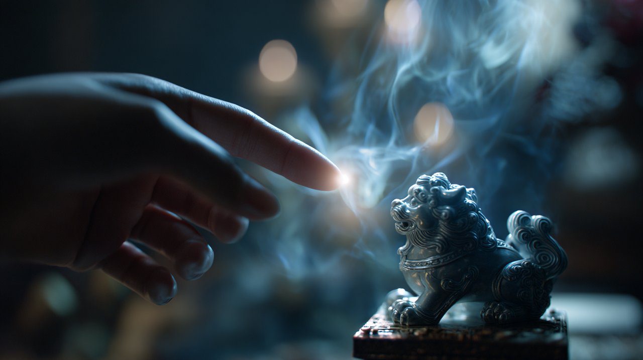 A human hand carefully interacting with a Pixiu symbol.