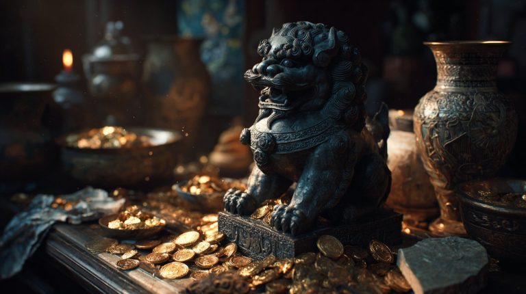A mystical Pixiu statue amidst ancient treasures.