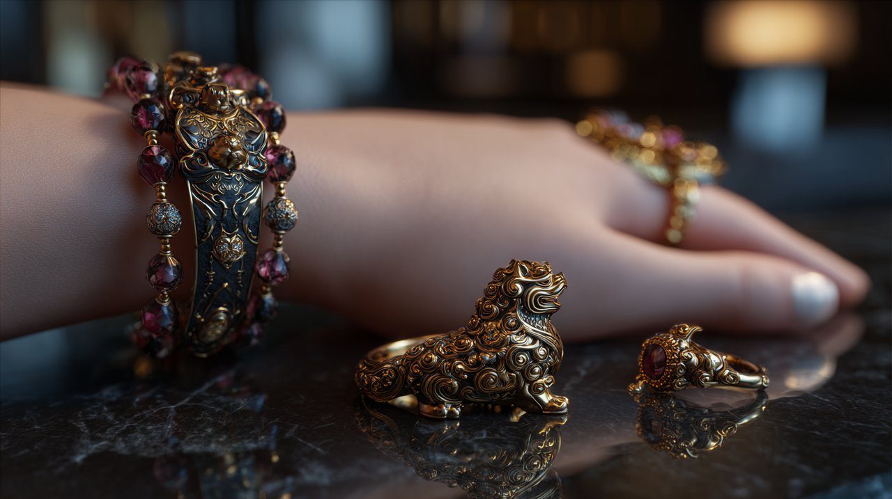 Various Pixiu jewelry pieces, including bracelets, rings, and pendants.