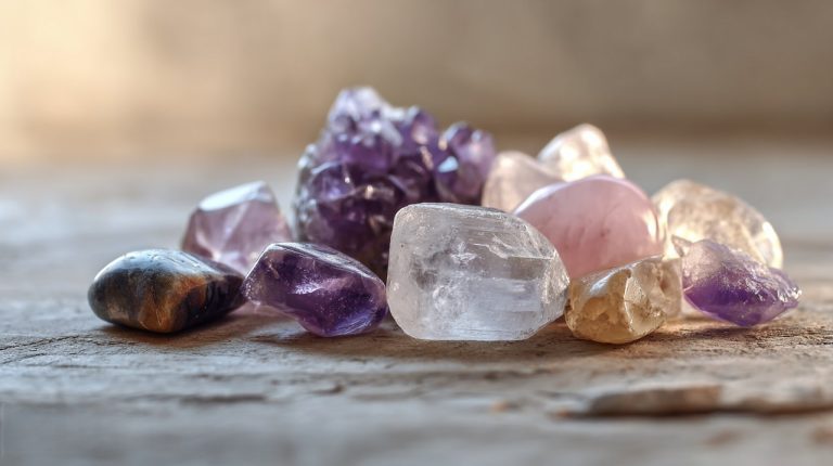 A selection of various healing gemstones, glowing with subtle energy, arranged on a smooth, natural wooden surface, surrounded by soft, diffused light, symbolizing holistic health and well-being. Focus on the vibrant colors and unique textures of the 'healing gemstones'.