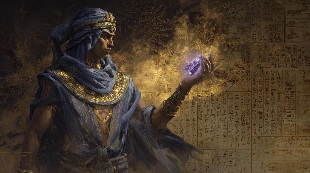 An ancient Egyptian priest holding a 'healing gemstone' during a ritual.