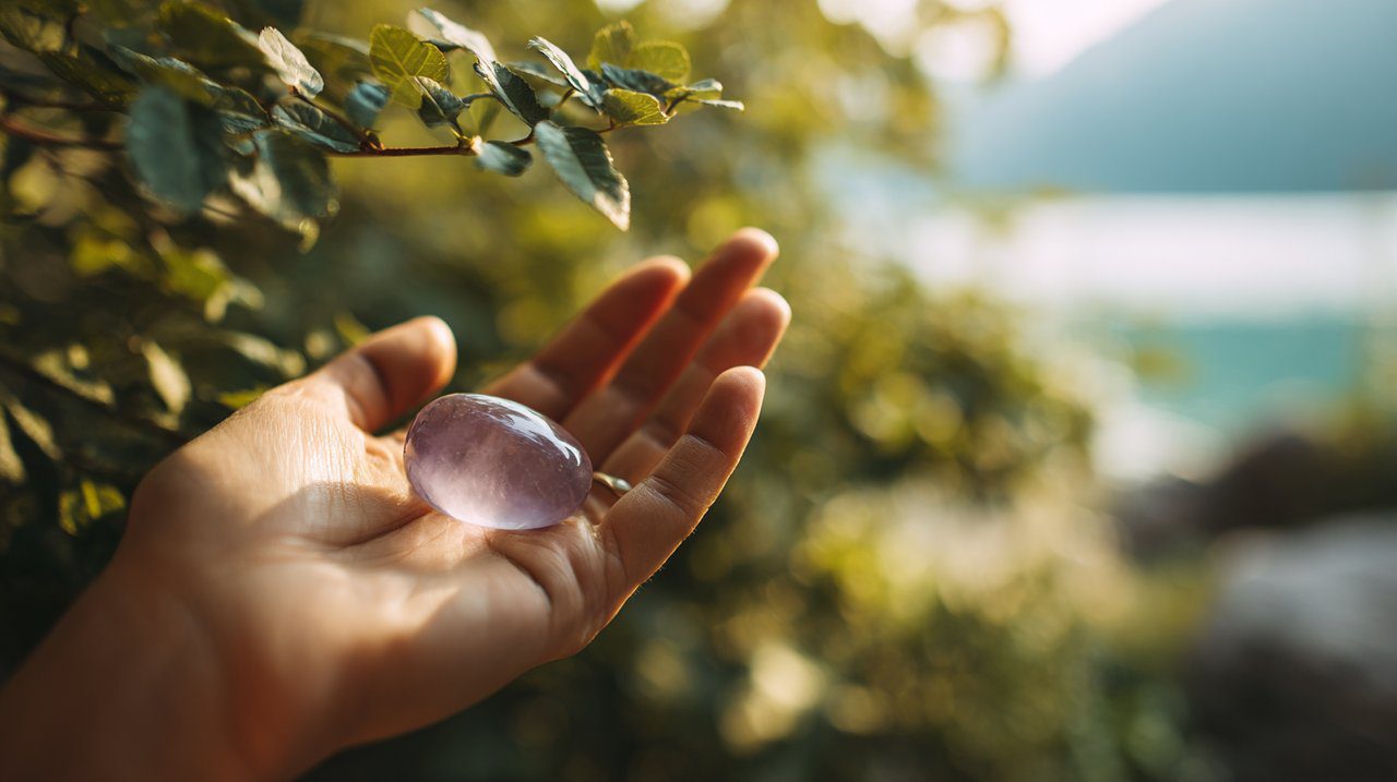 A person gently holding a smooth, polished 'healing gemstone' (like a clear quartz or amethyst) in their palm, with soft, focused lighting highlighting the stone.