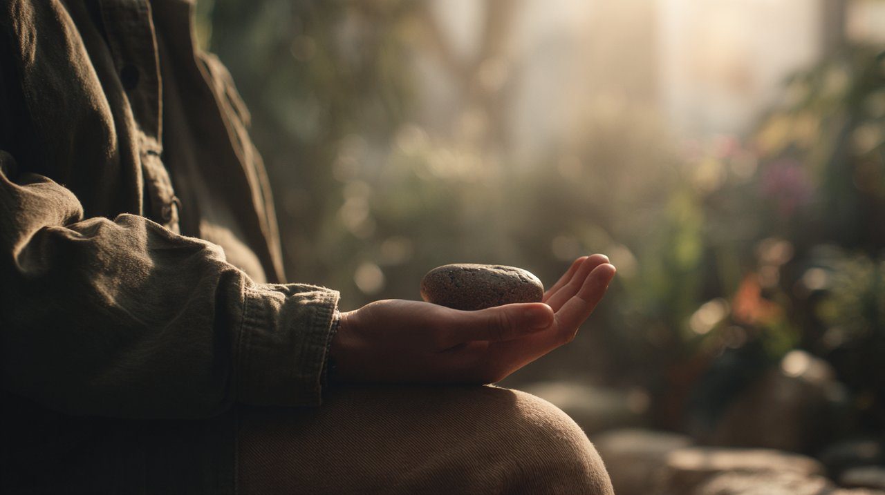 Uma pessoa meditando com uma pedra de preocupação na mão.