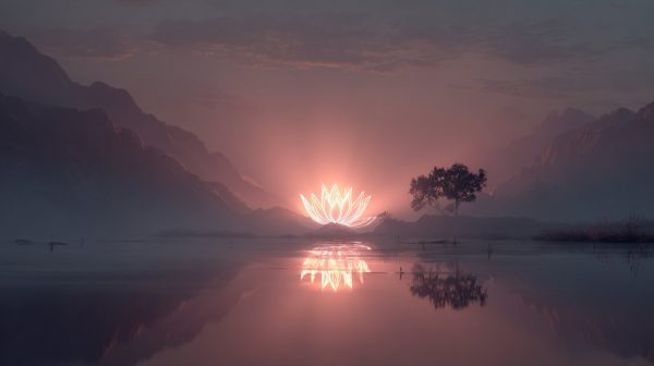 Símbolos espirituales integrados en un paisaje sereno