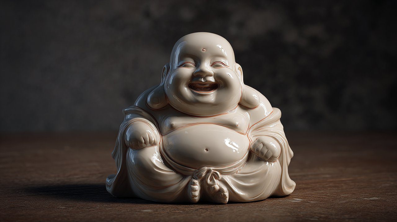 A serene porcelain laughing buddha figurine