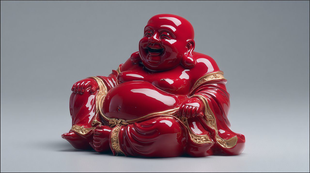 A vibrant red laughing buddha statue