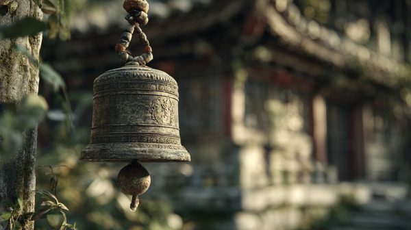 A beautifully crafted Tibetan wind bell hanging in a serene monastery courtyard.