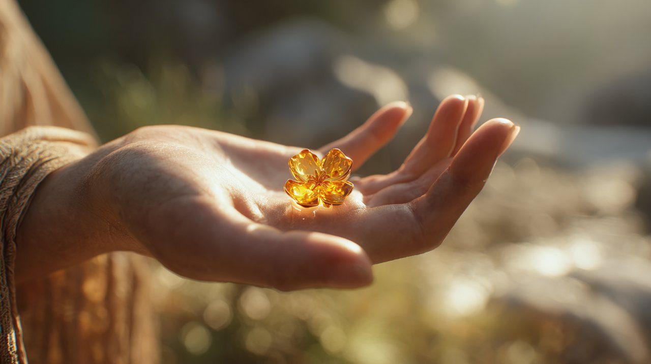 A hand gently holding an amber flower ring.