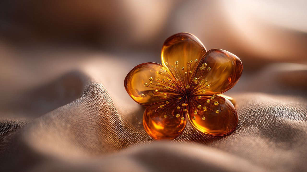 An elegant amber flower ring with intricate floral details.