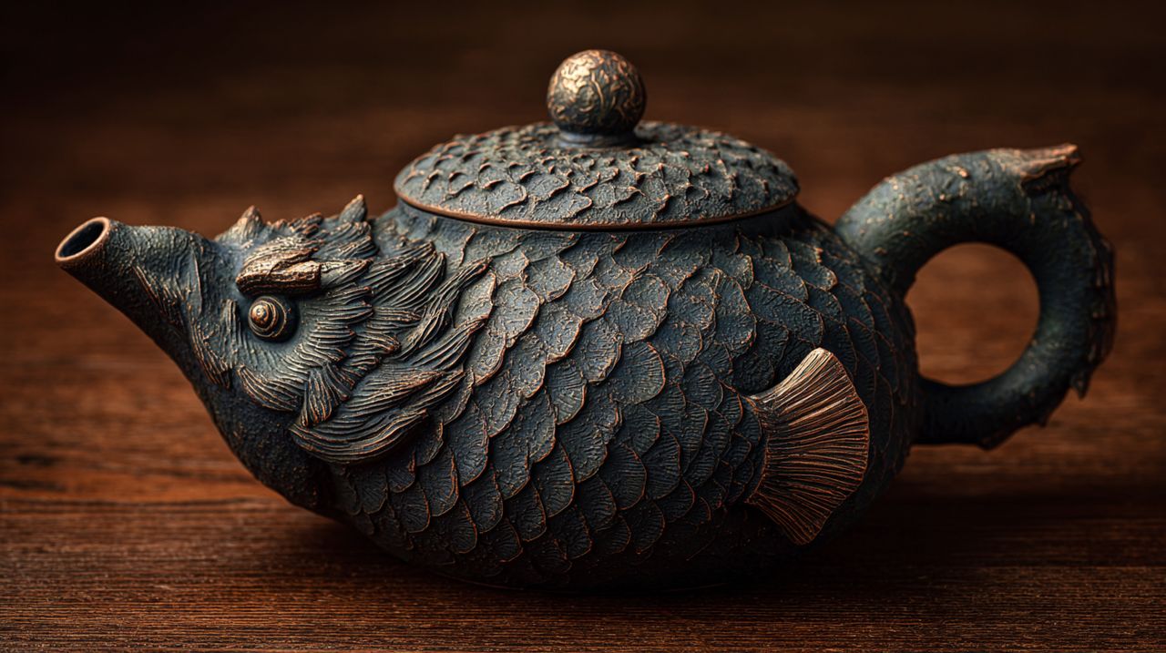 A beautifully crafted ceramic dragon teapot on a wooden table.