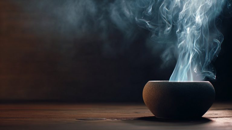 A back flowing incense burner with smoke cascading downwards.